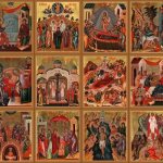 Icon with the twelve feasts of the Church. The baptism of Jesus Christ is in the third row, third from the left. 