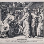 Healing of the paralytic in Capernaum. To deliver the sick man to Christ, people dismantled the roof and lowered the paralytic on ropes (wood engraving, A. Gaber) 
